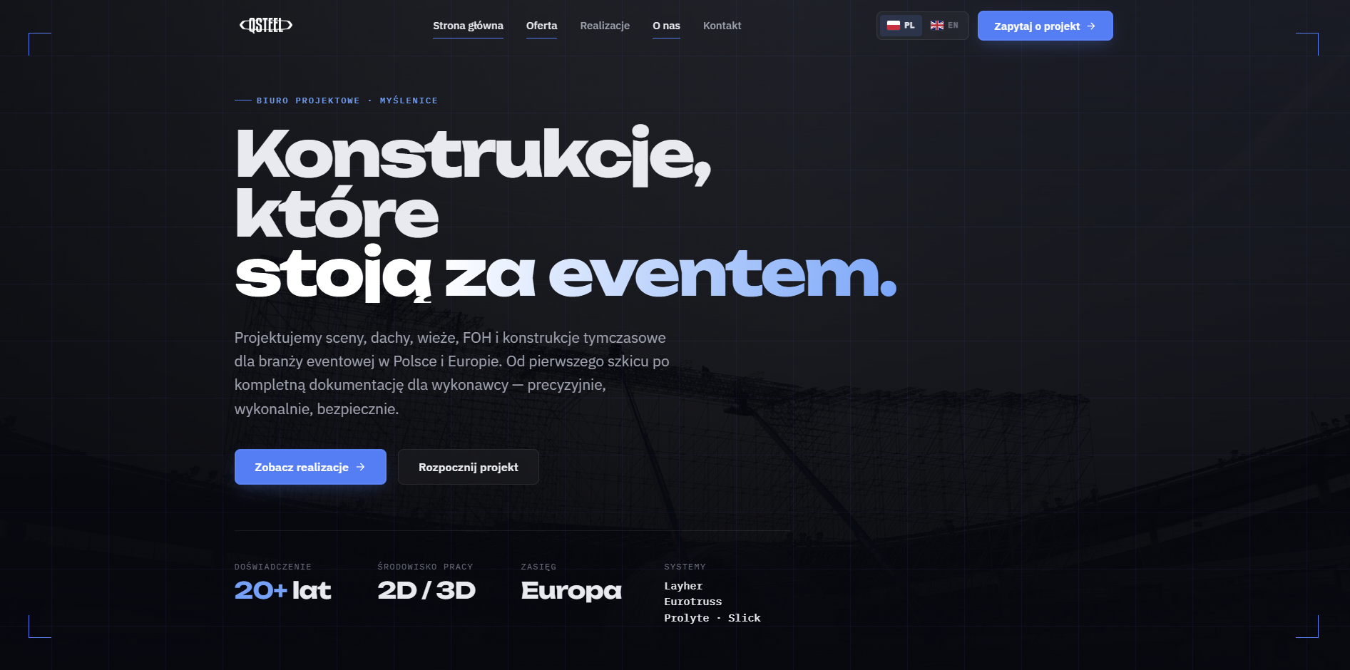 Strona internetowa Qsteel — konstrukcje sceniczne, projekt KB Projects